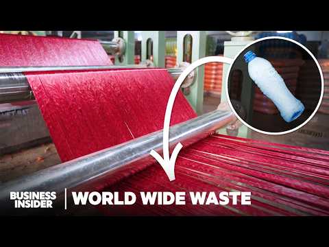 Recycled plastic bottles being turned into polyester clothing
