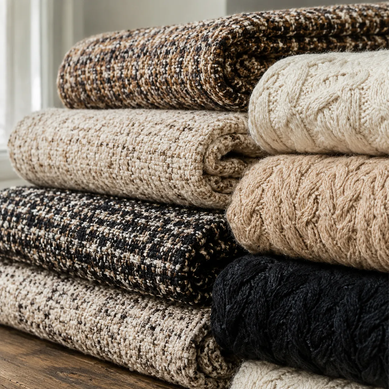 Hyper-realistic product photography, a close-up of luxurious Chanel-style boucl tweed fabric and heritage cable knit fabric rolls stacked neatly on a wooden table, soft natural window light casting gentle shadows, professional studio lighting, ultra-detailed texture of woven yarn loops and cable patterns, no text, no brand logo, clean composition