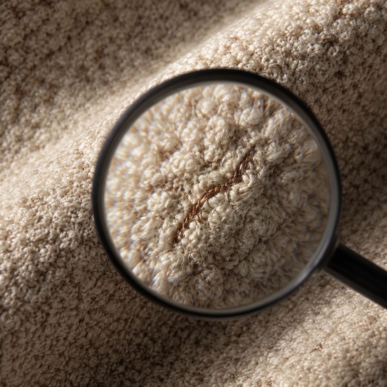 Hyper-realistic product photography, a magnifying glass over a section of boucl fabric revealing a subtle thread imperfection, dramatic side lighting highlighting the texture, high detail macro shot, no text, no brand logo