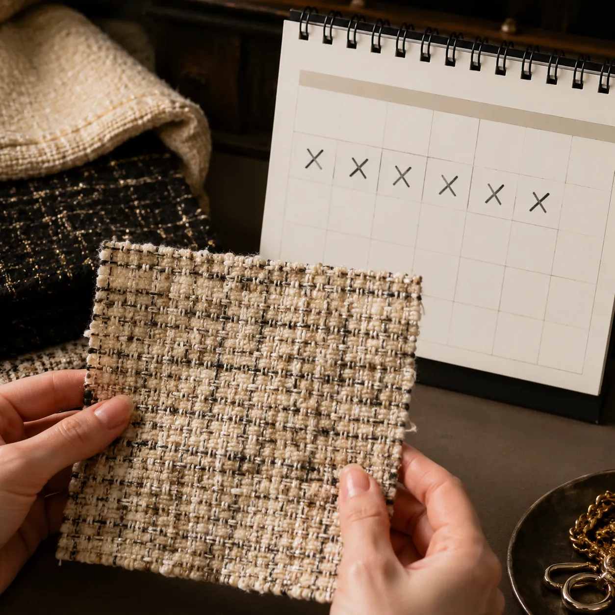 Hyper-realistic product photography, a pair of hands holding a physical fabric swatch of premium boucl tweed next to a calendar showing 7 days marked, warm studio lighting, professional still life, ultra-detailed fabric texture and yarn fibers visible, no text, no brand logo, clean composition