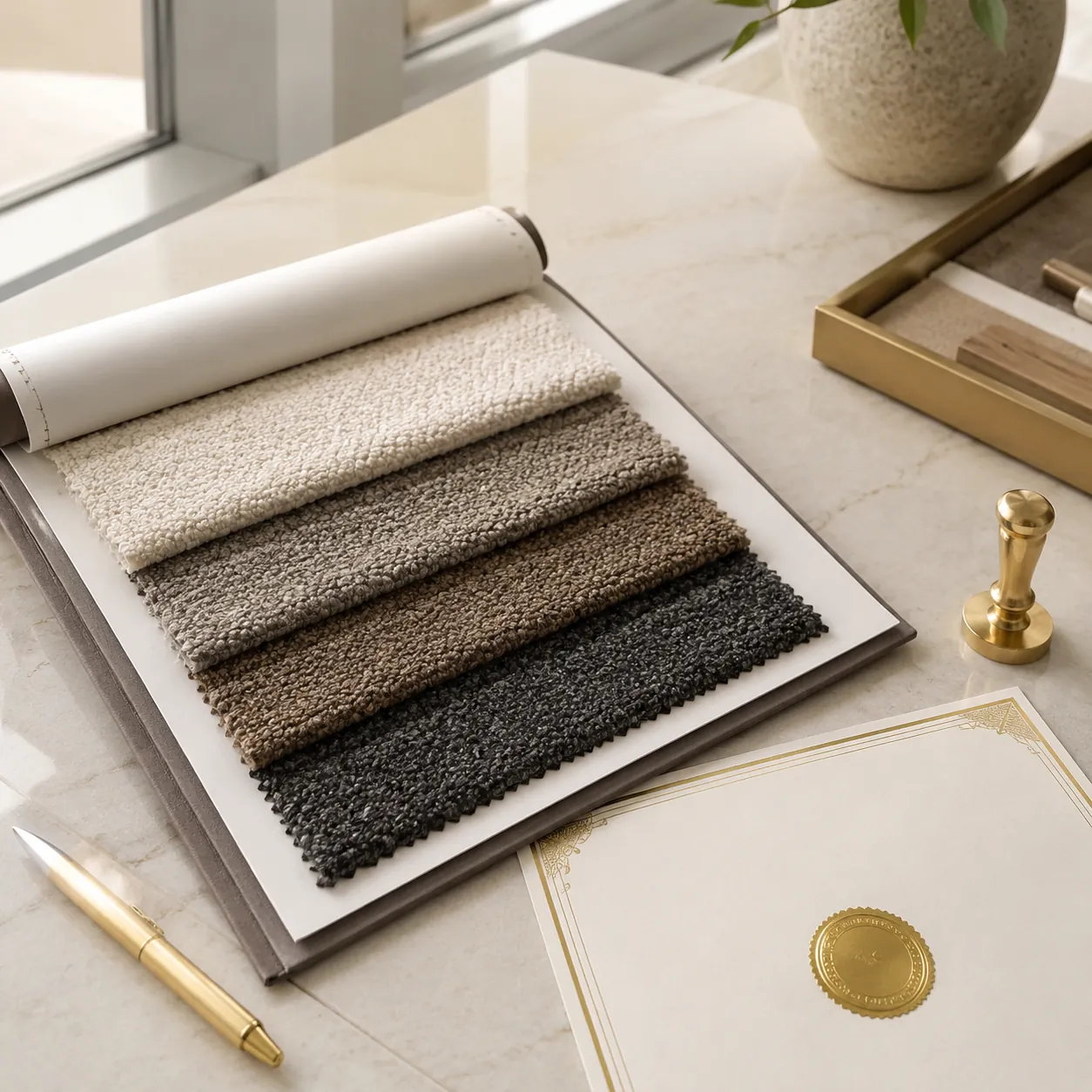 Hyper-realistic product photography, a premium boucl fabric swatch book open on a designer's desk next to a certificate of authenticity and a gold foil stamp, soft natural light from a nearby window, professional editorial still life, ultra-detailed fabric texture and metallic foil details, no text, no brand logo, clean composition