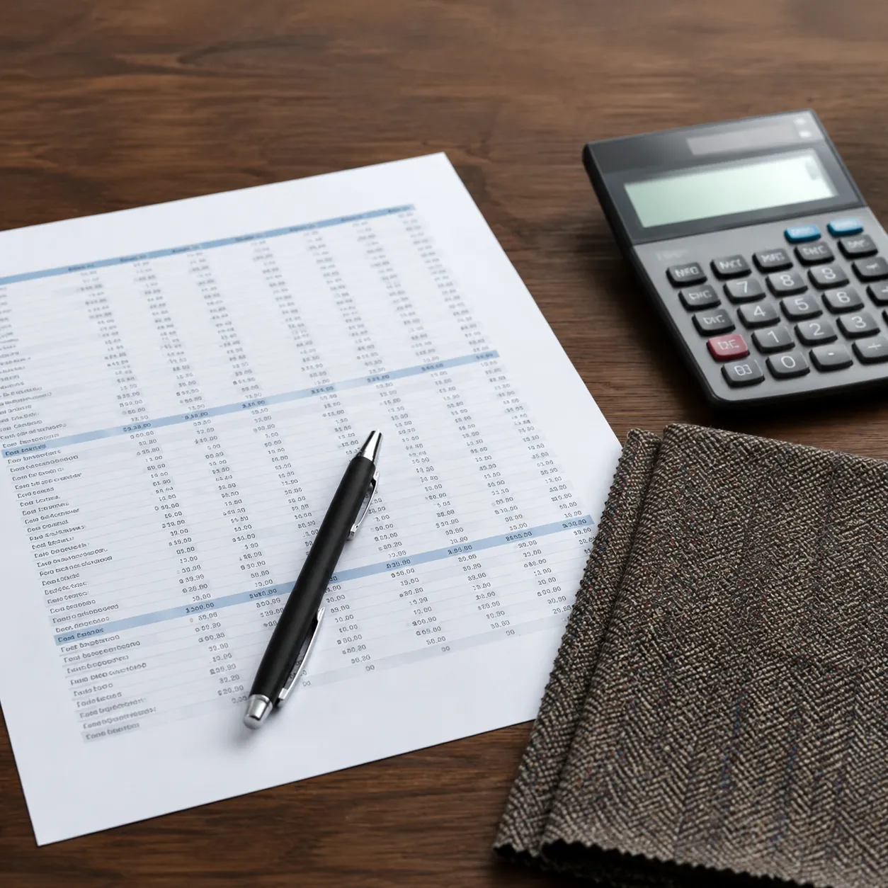 Hyper-realistic product photography, a professional spreadsheet on a wooden desk next to a swatch of premium tweed fabric and a calculator, soft overhead lighting, clean corporate still life composition, no text, no brand logo