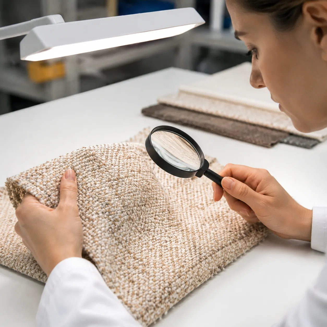 Hyper-realistic product photography, a quality control inspector examining a boucl fabric sample under a magnifying glass on a white inspection table, bright task lighting, professional industrial photography, ultra-detailed fabric weave and color accuracy visible, no text, no brand logo, clean composition