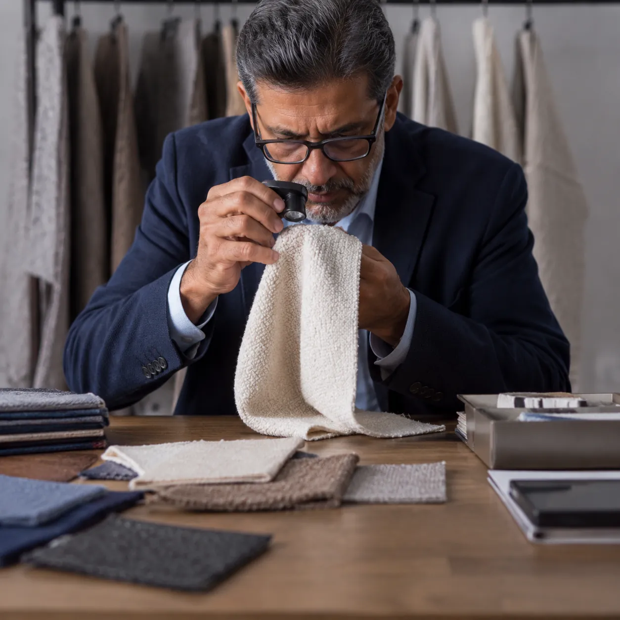 Hyper-realistic product photography, a senior sourcing manager inspecting boucl fabric sample with a loupe, fabric swatches laid out on a wooden desk, soft diffused light, professional atmosphere, no text, no brand logo