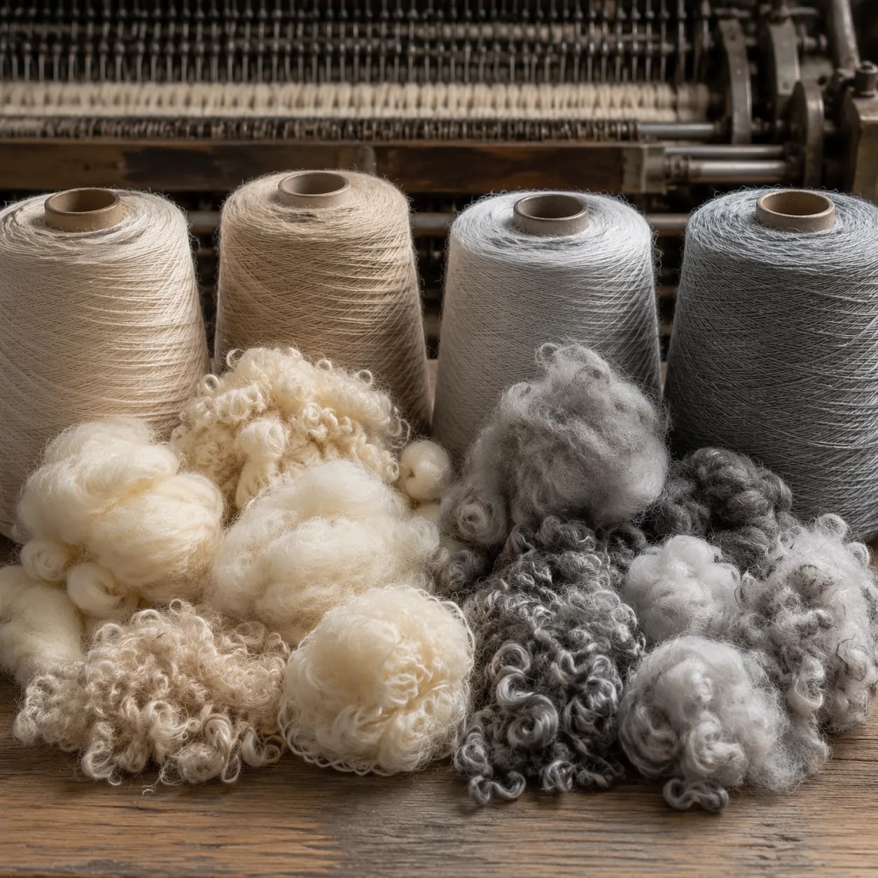 Hyper-realistic product photography, close-up of raw boucl fabric fibers and yarn spools, side-by-side comparison of virgin wool and acrylic bundles, industrial weaving loom background, soft directional light, no text, no brand logo