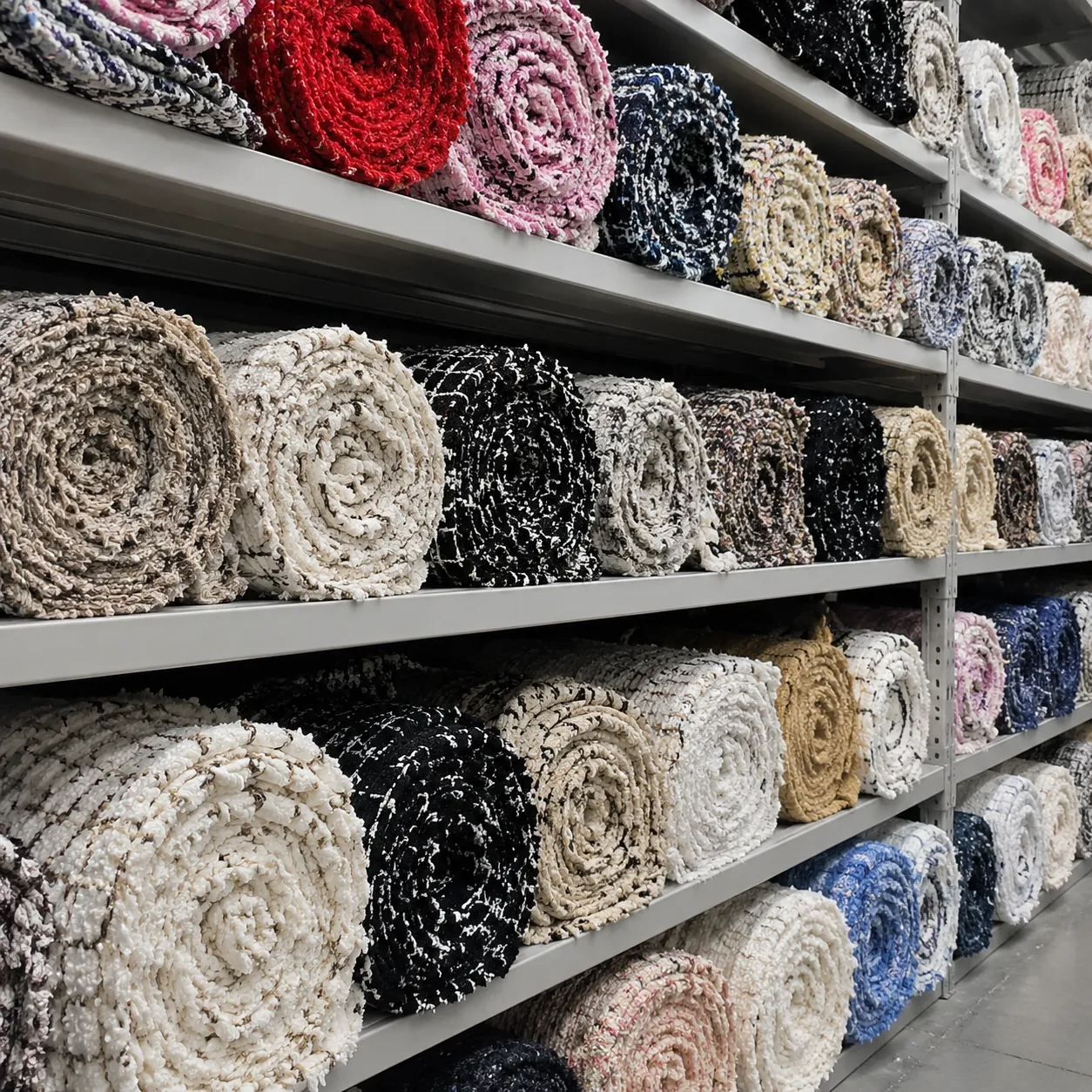 Hyper-realistic product photography, multiple rolls of Chanel-style boucl fabric in various colors stacked on warehouse shelves, soft diffused overhead lighting, professional industrial interior photography, ultra-detailed woven texture and yarn loops visible on each roll, no text, no brand logo, clean composition