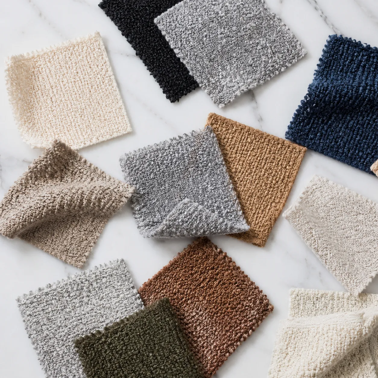 Hyper-realistic product photography, multiple small fabric swatches of different colored boucl and knit samples scattered on a white marble surface, soft diffused lighting, minimalist flat lay composition, no text, no brand logo