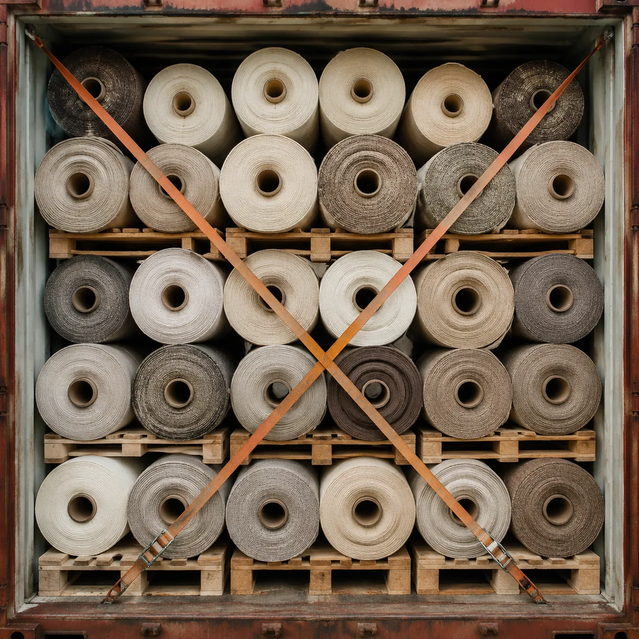 Hyper-realistic product photography, tightly packed boucl fabric rolls in a shipping container, cargo straps and wooden pallets, industrial warehouse lighting, clean composition, no text, no brand logo