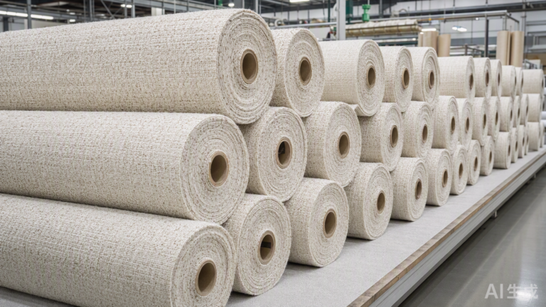 Identical rolls of cream and beige boucle tweed fabric showing consistency across production runs