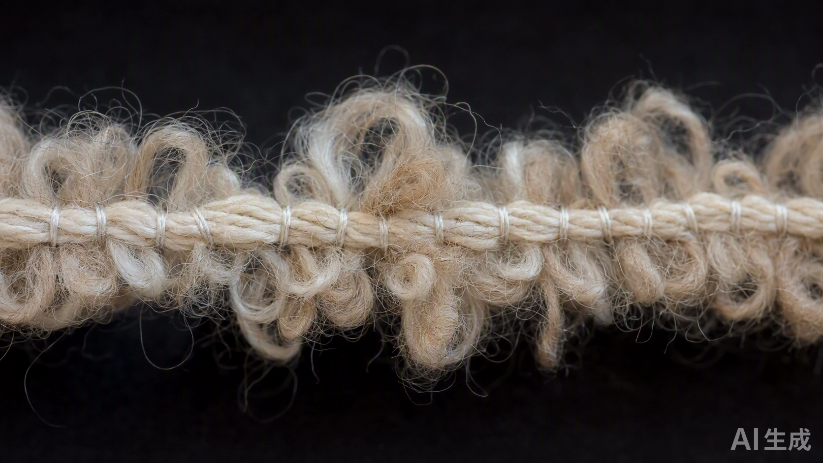 Boucle yarn macro showing three-component structure with core, effect loops, and binder