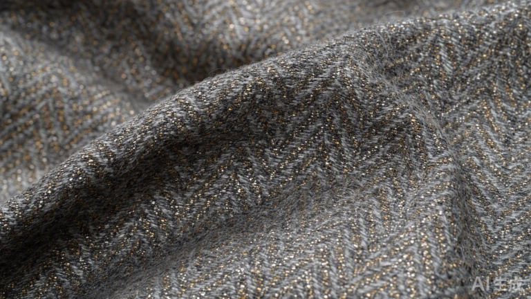 Metallic tweed fabric close-up with silver and gold metallic threads in gray wool herringbone weave