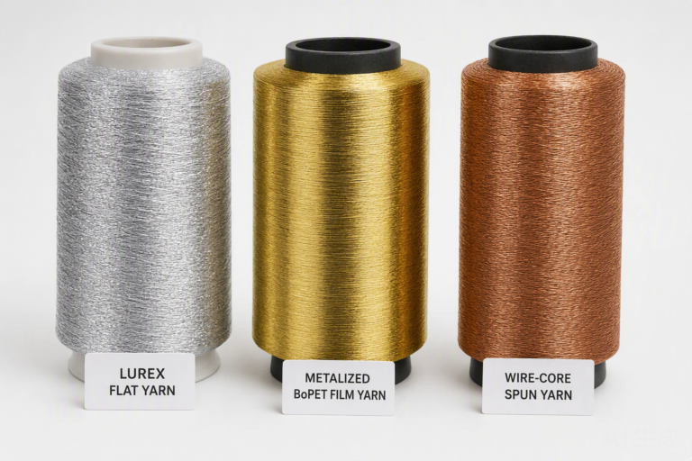 Three types of metallic yarn: Lurex, metalized BoPET film, and wire-core yarn on spools