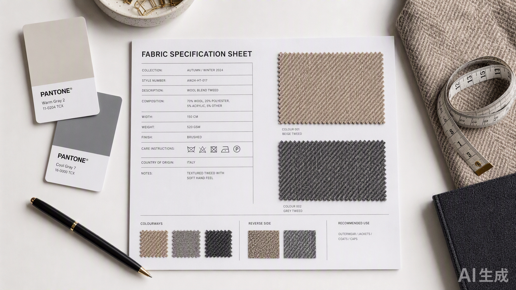 Fabric specification sheet with tweed swatches, Pantone color cards, and measuring tools on a desk